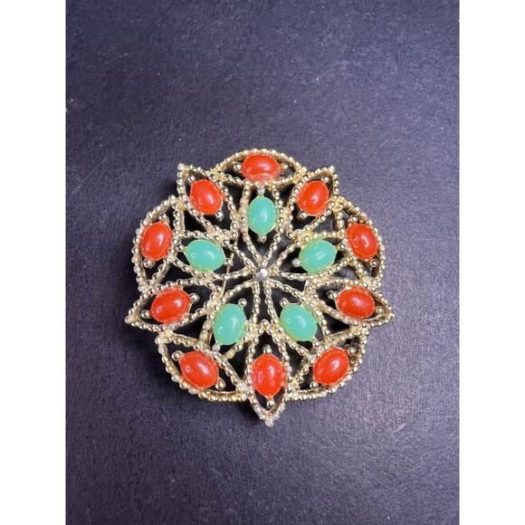VTG Sarah Coventry Acapulco Red Green Sim Turquoise & Coral Brooch Pin - Picture 3 of 6